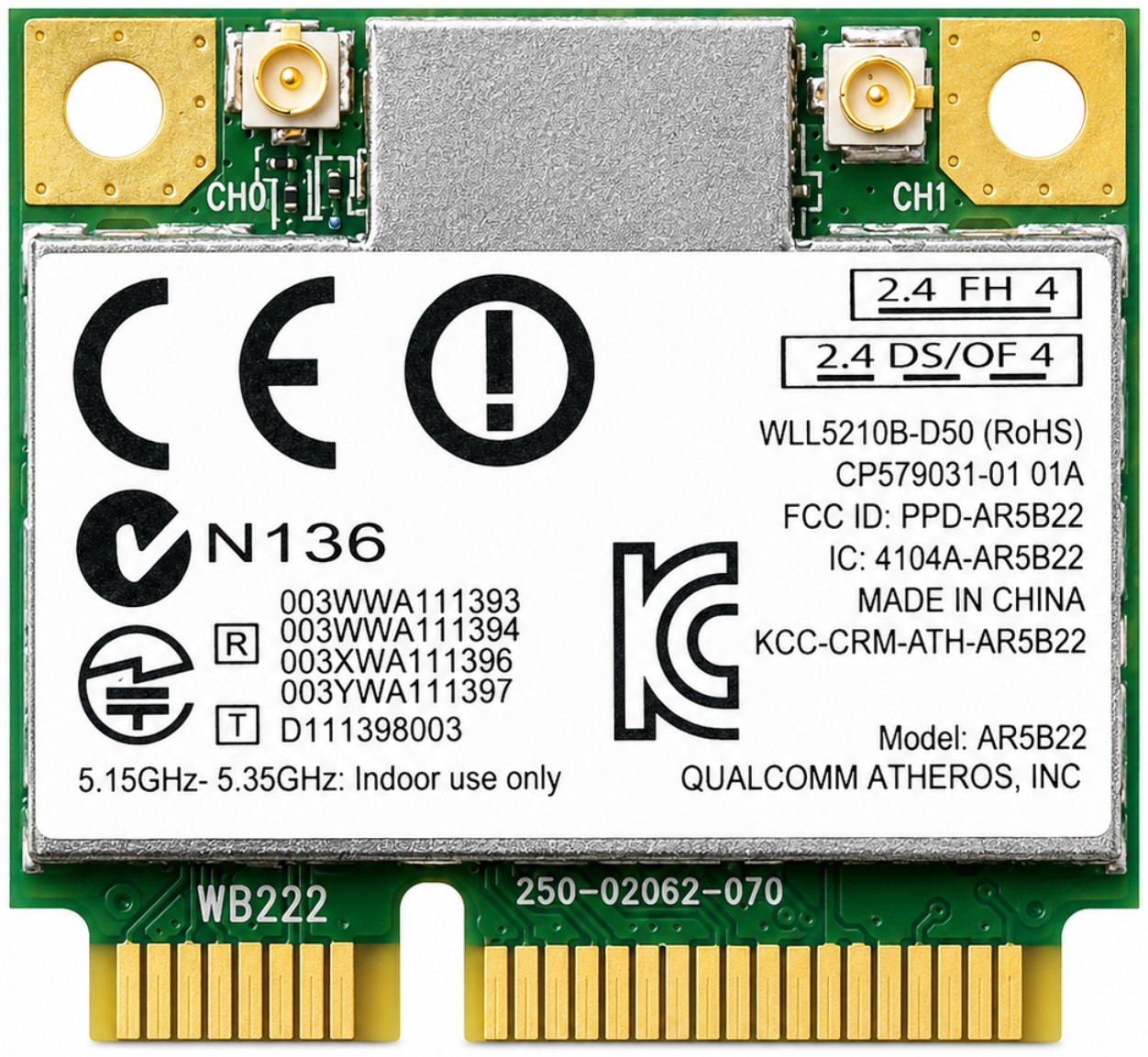 AR9462 / AR5B22 - 802.11N Dual Band Half Mini PCIe WiFi Bluetooth 4.0 Card