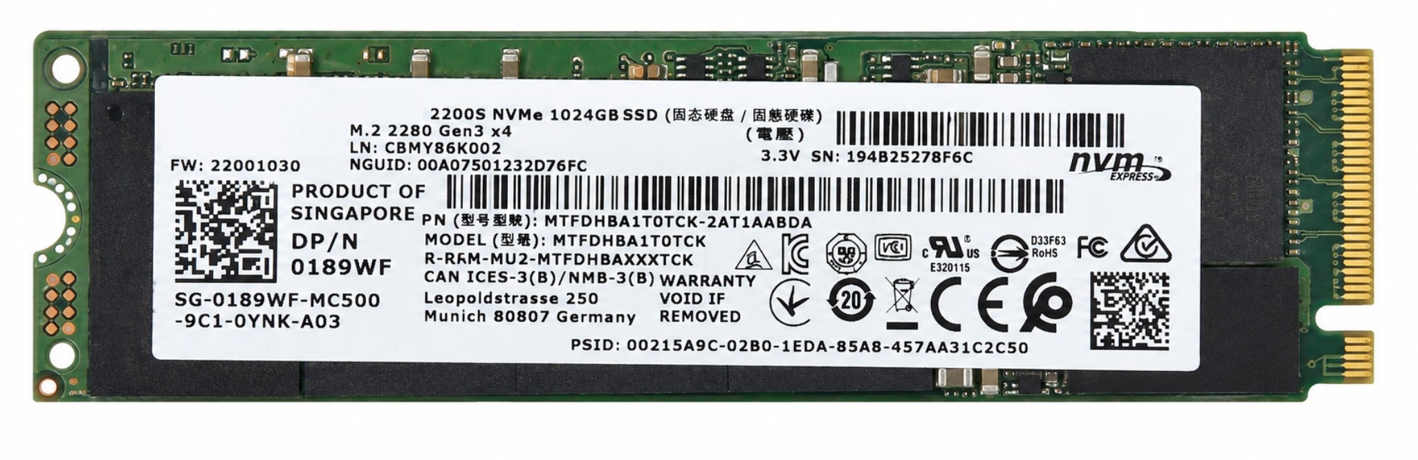 SNP112284EP/1TB - 1TB M.2 2280 NGFF PCIe NVMe Gen3x4 Solid State SSD
