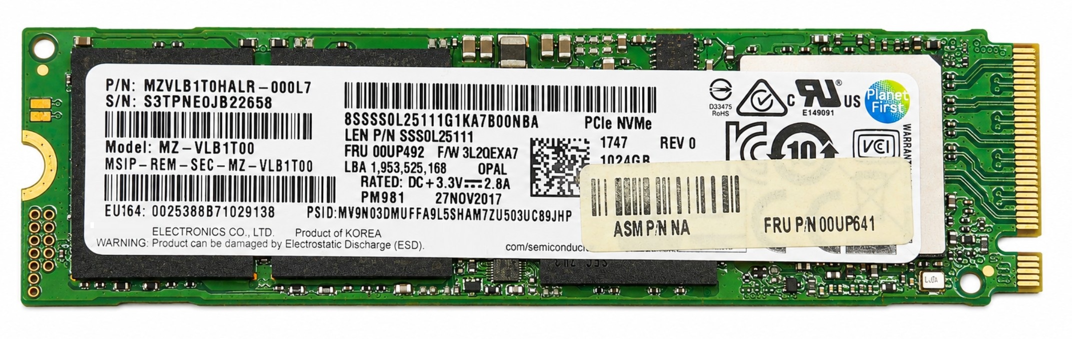 SSD0H55413 - 1TB M.2 2280 NGFF PCIe NVMe Gen3x4 Solid State SSD