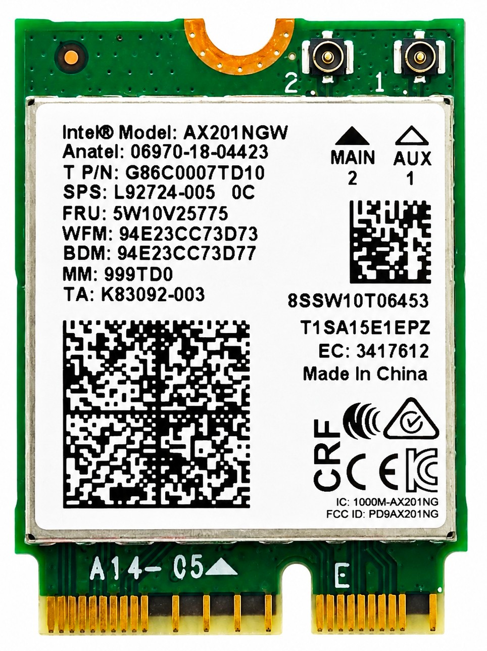 K54774-001 - AX201NGW Wi-Fi 6 Bluetooth 5.2 M.2 2230 CNVio2 Wireless Card