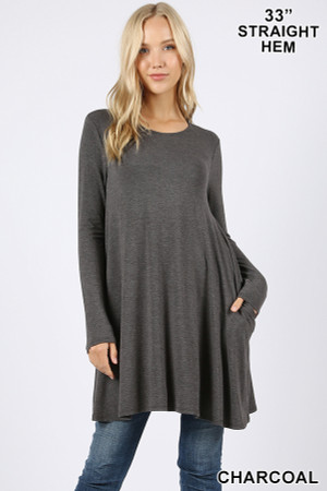 Front of Charcoal Long Sleeve Swing Tunic with Pockets