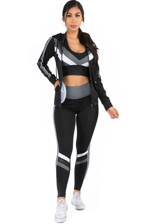 Tri Color 3 Piece Leggings Crop Top and Hoodie Jacket Set