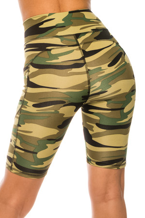Green Camouflage High Waist Sport Biker Shorts with Pockets