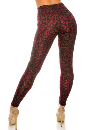 Burgundy Leopard Serrated Mesh High Waisted Sport Leggings