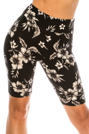 Buttery Soft Monochrome Floral Biker Shorts - 3 Inch Waist Band