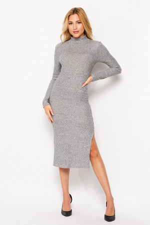 Front side image of Heather Gray Solid Fitted Rayon Mock Neck Long Sleeve Side Slit Midi Dress