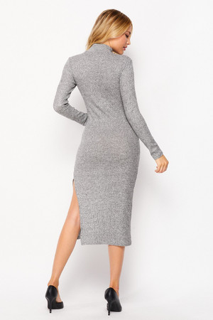 Back side image of Heather Gray Solid Fitted Rayon Mock Neck Long Sleeve Side Slit Midi Dress