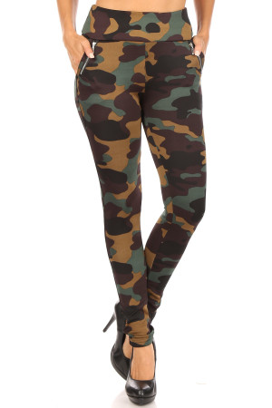 Brown Camouflage High Waisted Treggings with Zipper Accent Pockets
