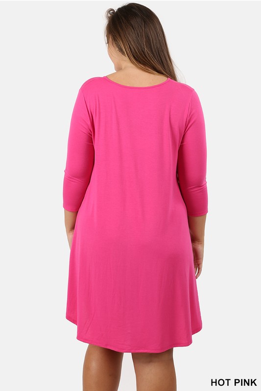 3/4 Sleeve Longline Round Hem Plus Size Rayon Tunic with Pockets