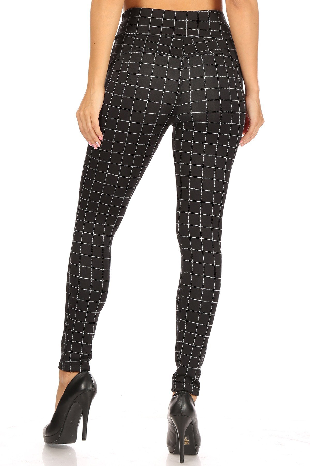 Black and White Grid Print High Waisted Body Sculpting Treggings with Pockets