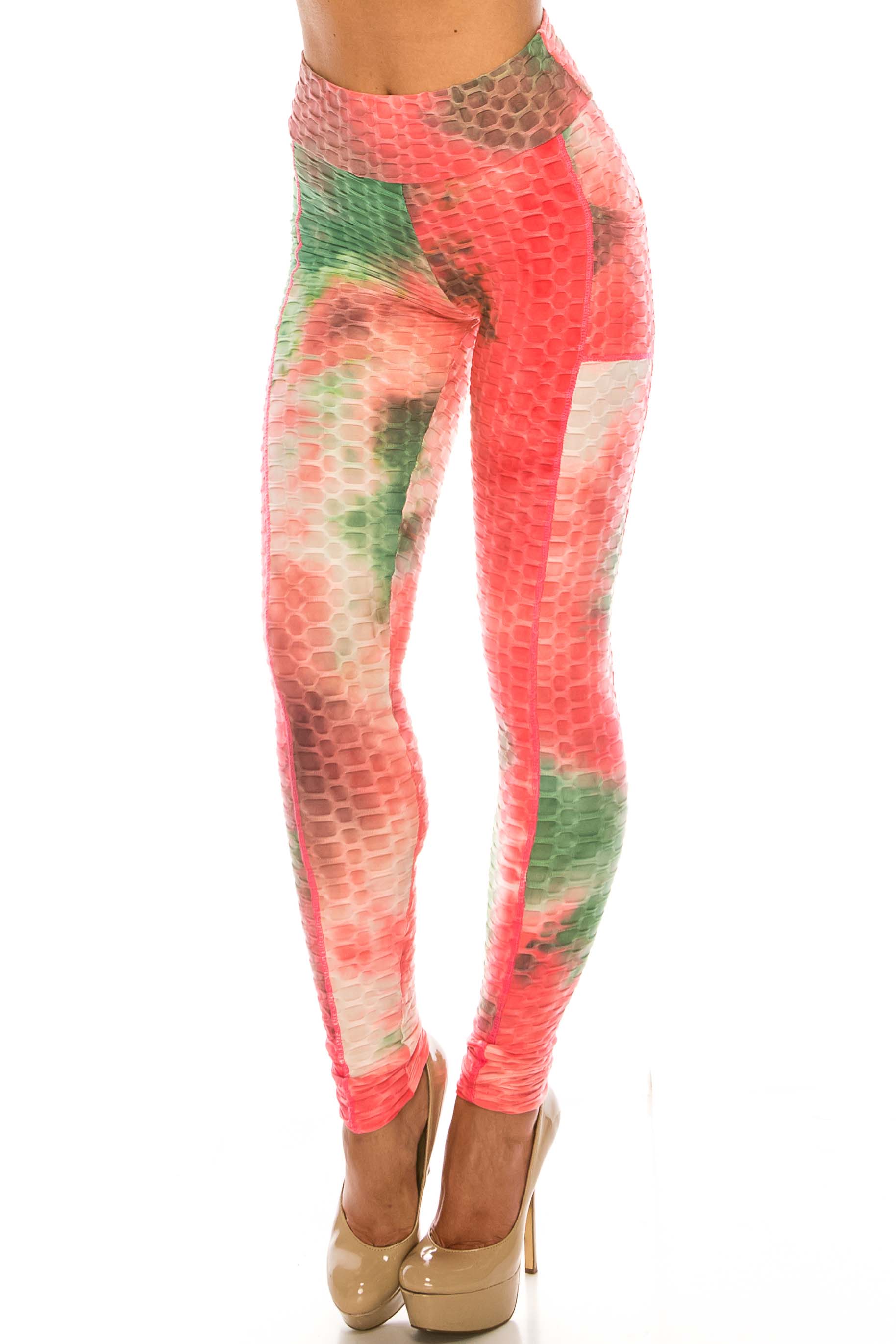 Premium Coral Olive Tie Dye Scrunch Butt Workout Leggings with Side Pockets