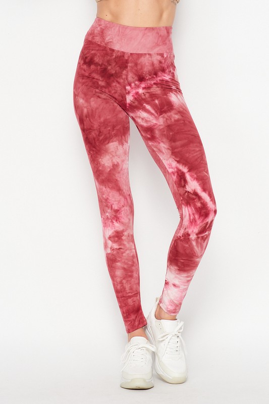 Front of Burgundy Buttery Soft Tie Dye High Waisted Leggings