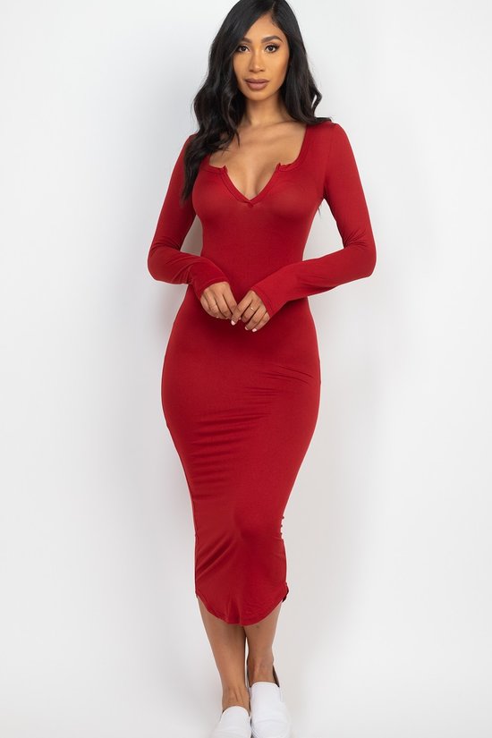 Wine Long Sleeve Split Neck Bodycon Midi Dress