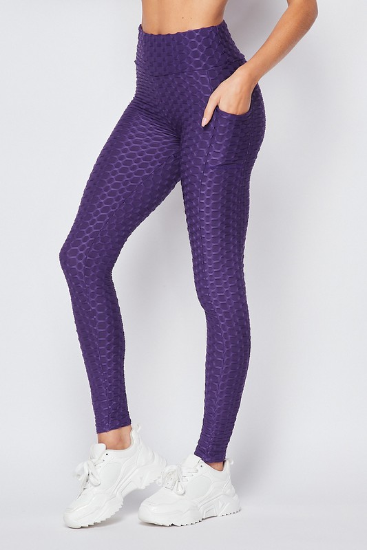 45 Degree view of Purple Scrunch Butt Textured High Waisted Leggings with Pockets