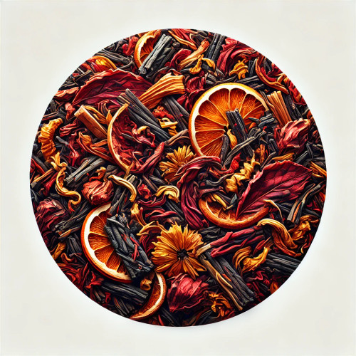 Blood-Orange Tea Leaf: A high-resolution circular image of loose blood-orange tea leaves. The blend includes deep red, orange, and yellow pieces with varied textures and shapes, giving a vibrant and rich appearance. The clean white background enhances the colorful details.