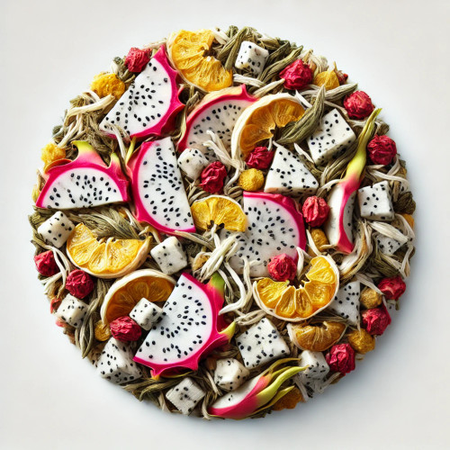 Dragon Fruit Tea Leaf: A high-resolution circular image of loose dragon fruit tea leaves. The blend features white, light yellow, and red pieces with varied textures and shapes, including dried dragon fruit and other fruit pieces. The vibrant, fresh colors are emphasized against a clean white background.