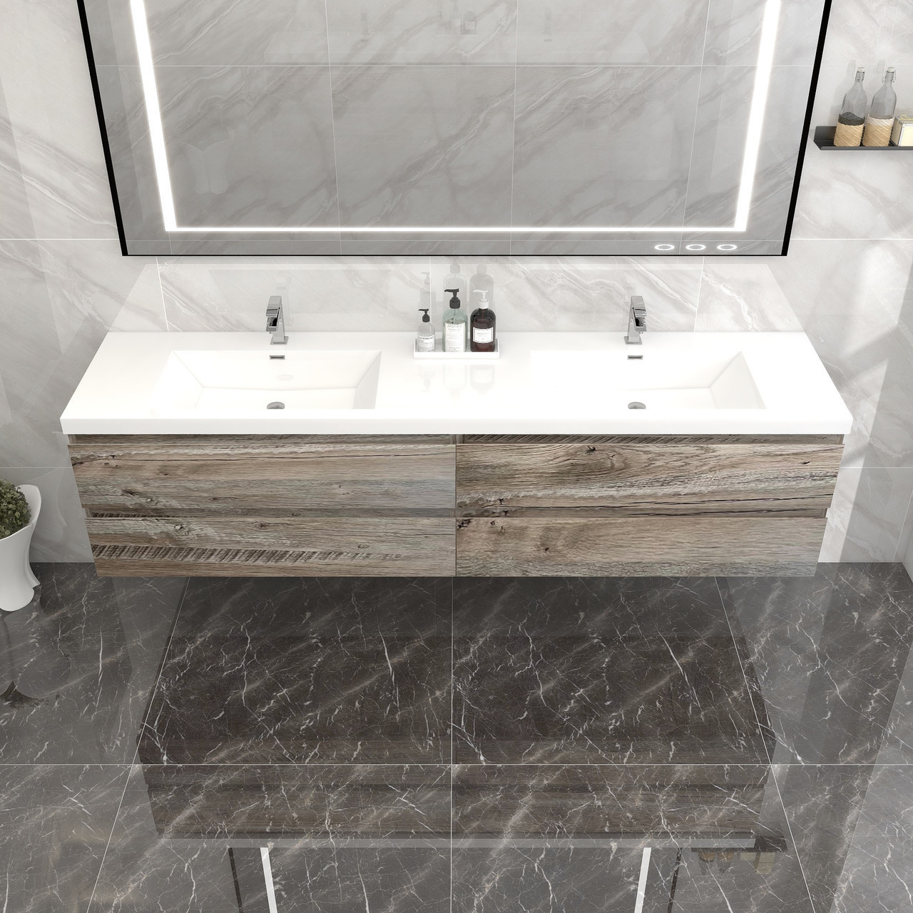 BOW 84" FLOATING BATHROOM VANITY WITH REINFORCED ACRYLIC DOUBLE SINK ...