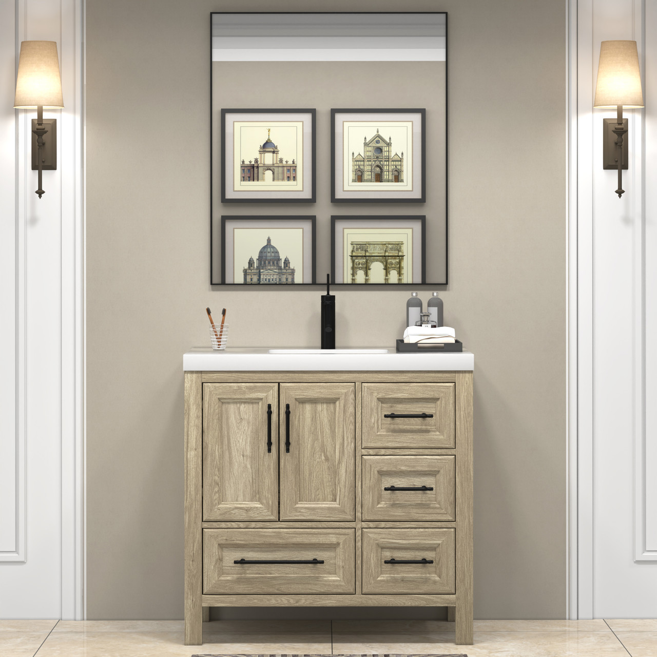 VIV 36" Solid Wood Freestanding Bathroom Vanity in Oak with Reinforced ...