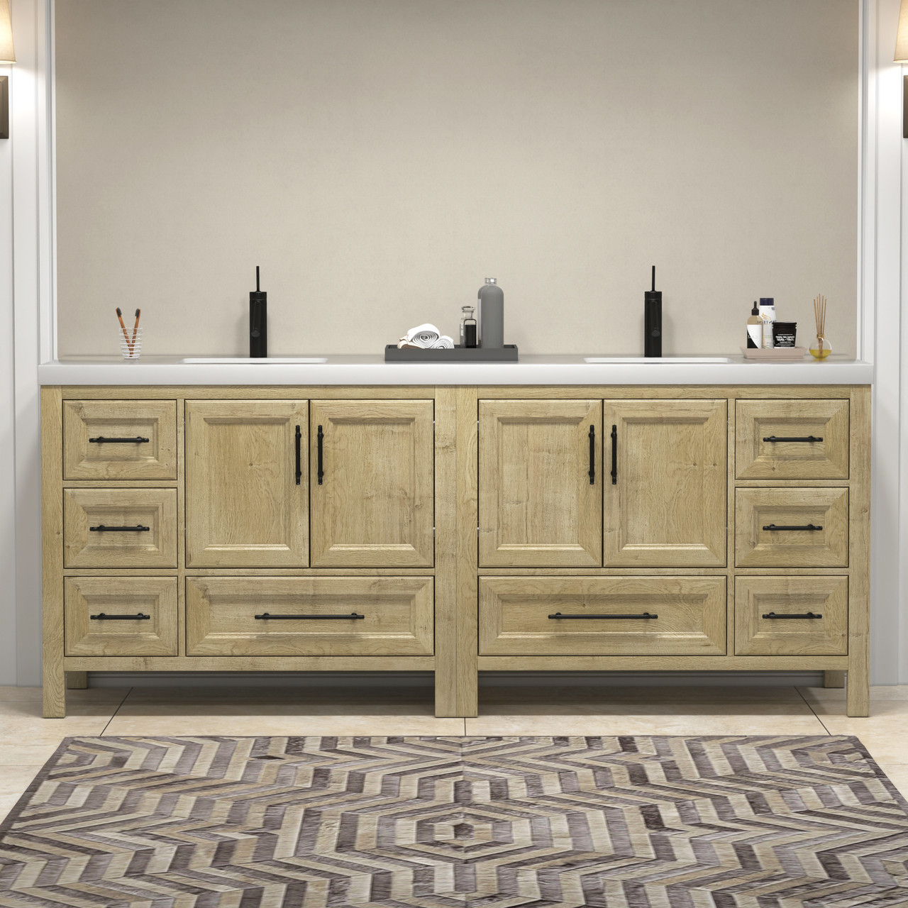 VIV 84" Solid Wood Freestanding Bathroom Vanity in Oak with Reinforced ...
