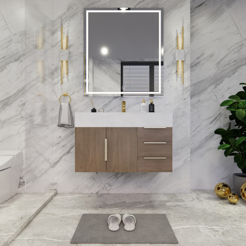  Bethany 36’’ Floating Art Deco Bathroom Vanity Set with Reinforced Acrylic Sink Top (Right Side Drawers) 