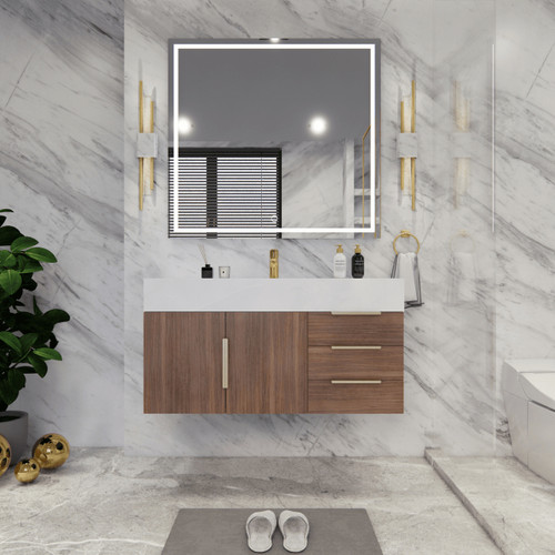  Bethany 42’’ Floating Art Deco Bathroom Vanity Set with Reinforced Acrylic Sink Top (Right Side Drawers) 