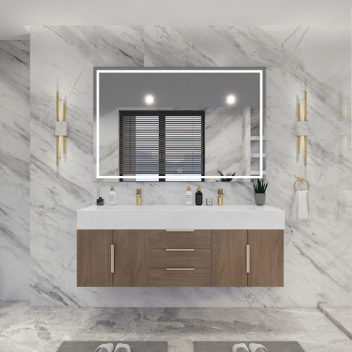  Bethany 60’’ Floating Art Deco Bathroom Vanity Set with Reinforced Acrylic Double Sink Top in French Oak