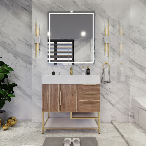  Bethany 36’’ Freestanding Art Deco Bathroom Vanity Set with Reinforced Acrylic Sink Top (Right Side Drawers) 