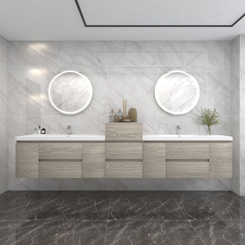  BOW 116" WALL MOUNTED BATH VANITY WITH REINFORCED ACRYLIC SINK W/SMALL SIDE CABINET 