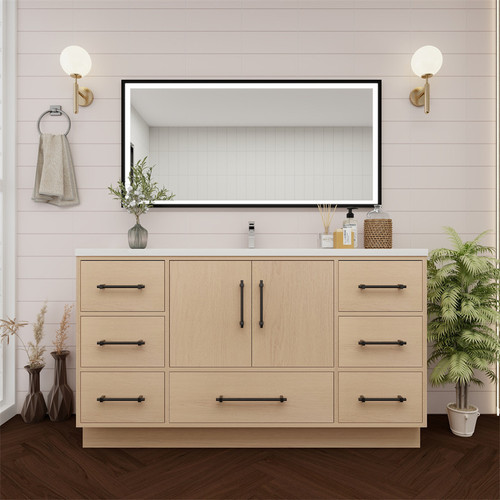  Victoria 60" Solid Wood Freestanding Bathroom Vanity with Reinforced Acrylic Single Sink in Oak 