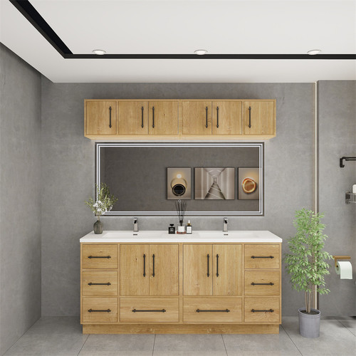  Victoria 72" Solid Wood Freestanding Bathroom Vanity with Reinforced Acrylic Double Sink in Oak 