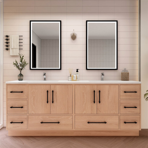  Victoria 84" Solid Wood Freestanding Bathroom Vanity with Reinforced Acrylic Double Sink in Oak 