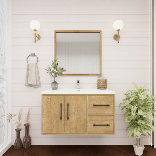  Victoria 36" Solid Wood Floating Bathroom Vanity with Reinforced Acrylic Sink in Oak, Right Side Drawers 