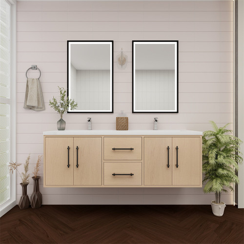  Victoria 60" Solid Wood Floating Bathroom Vanity with Reinforced Acrylic Double Sink in Oak 