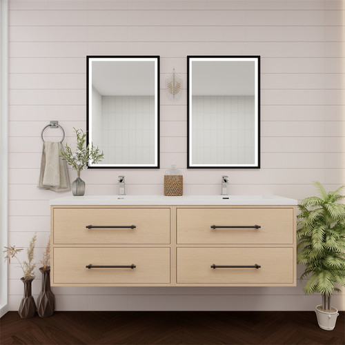  Victoria 60" Solid Wood Floating Bathroom Double Vanity with Reinforced Acrylic Double Sink in Oak 
