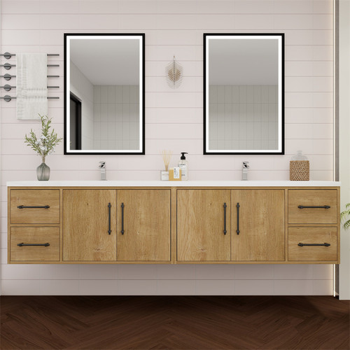  Victoria 84" Solid Wood Floating Bathroom Vanity with Reinforced Acrylic Double Sink in Oak 