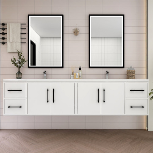  Victoria 84" Solid Wood Floating Bathroom Vanity with Reinforced Acrylic Double Sink in Oak 