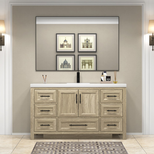  VIV 60" Solid Wood Freestanding Bathroom Vanity in Oak with Reinforced Acrylic Single Sink 