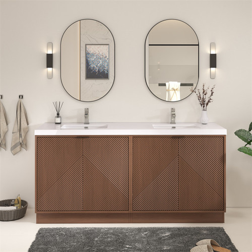  Mason 72" Fluted Freestanding Bathroom Vanity with Double Sink Top in Chestnut Brown, White Sink V1