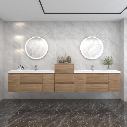  BOW 140" FLOATING BATHROOM VANITY WITH REINFORCED ACRYLIC SINK W/SMALL SIDE CABINET 