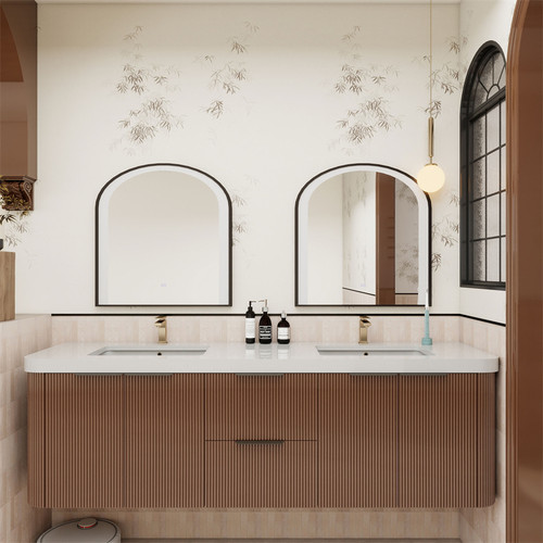 Celine 72" Fluted Floating Bathroom Vanity with Reinforced Acrylic Double Sink in Chestnut Brown by Moreno Bath Modern Japandi Fluted Round Bathroom Vanities