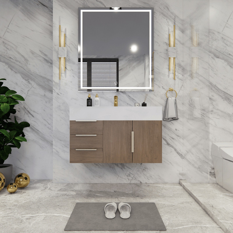  Bethany 36’’ Floating Art Deco Bathroom Vanity Set with Reinforced Acrylic Sink Top (Left Side Drawers) 