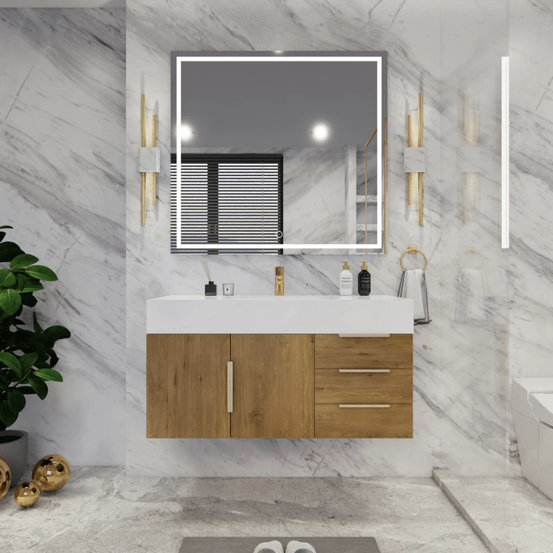  Bethany 42’’ Floating Art Deco Bathroom Vanity Set with Reinforced Acrylic Sink Top (Right Side Drawers) 