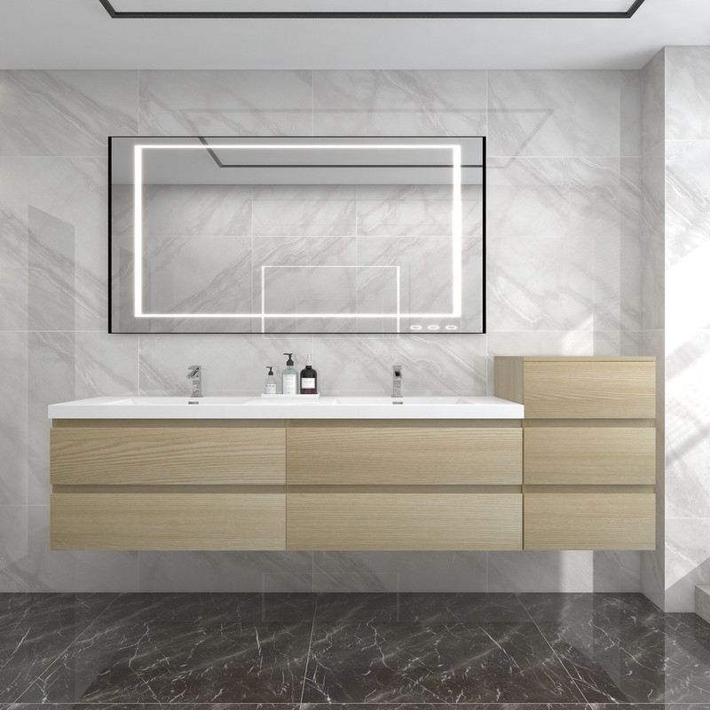  BOW 92" FLOATING BATHROOM VANITY WITH REINFORCED ACRYLIC DOUBLE SINKS W/SMALL SIDE CABINET 