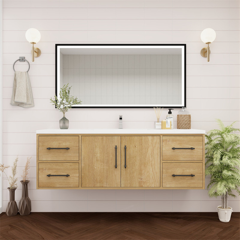 Victoria 60" Solid Wood Floating Bathroom Vanity with Reinforced Acrylic Single Sink in Oak   Victoria 60" Solid Wood Floating Bathroom Vanity with Reinforced Acrylic Single Sink in Oak