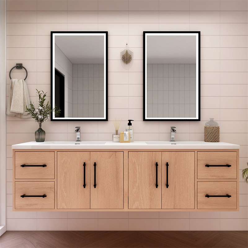  Victoria 72" Solid Wood Floating Bathroom Vanity with Reinforced Acrylic Double Sink in Oak 