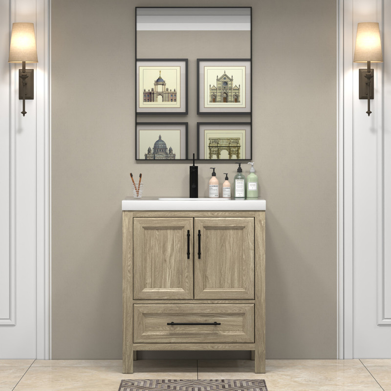 VIV 30" Solid Wood Freestanding Bathroom Vanity in Oak with Reinforced Acrylic Sink   VIV 30" Solid Wood Freestanding Bathroom Vanity in Oak with Reinforced Acrylic Sink
