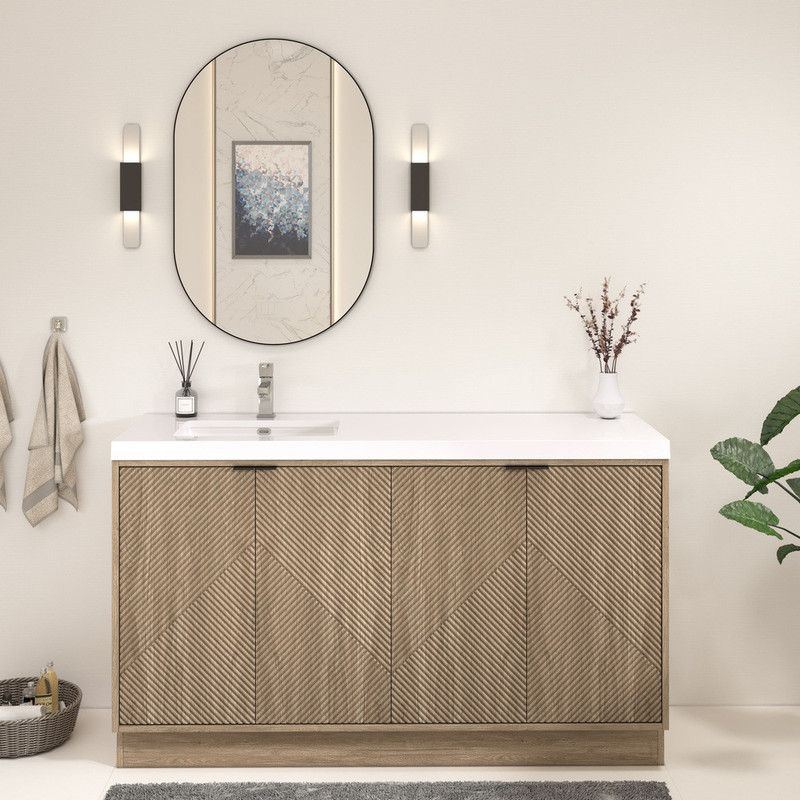  Mason 60" Fluted Freestanding Bathroom Vanity with Left Side Sink Top in White Oak, White Sink V1