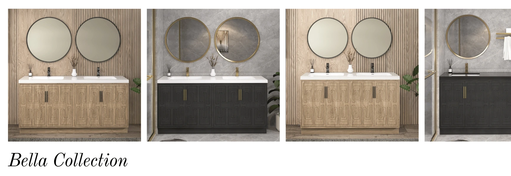 Bella Freestanding Bathroom Vanity Collection Brand Banner 2026 V1 - White Oak or Black Modern Geometric Design Bathroom Vanity V1