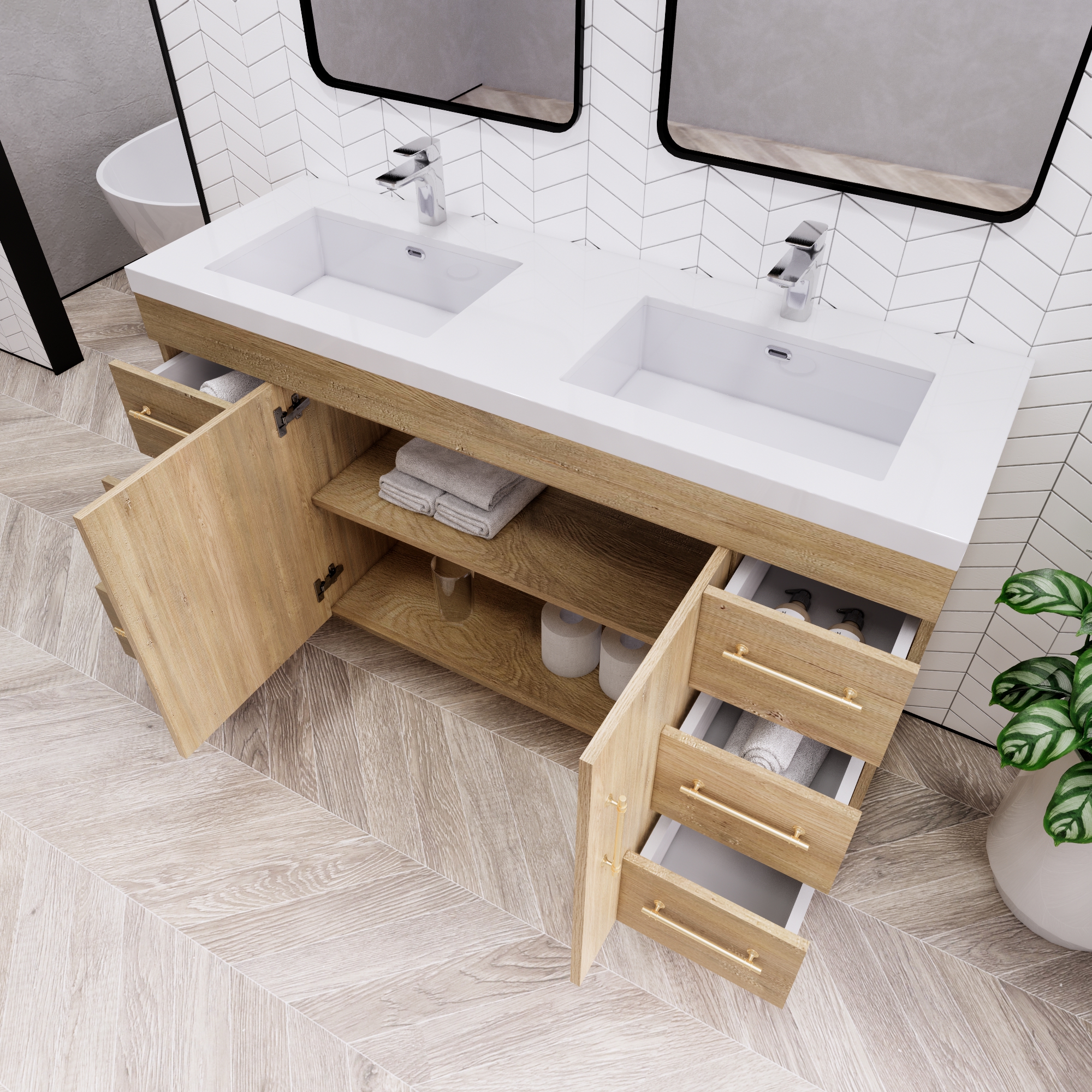 EA2- 60'' SINGLE Sink England Oak Modern Bathroom Vanity W/6 Drawers a –  Elsa Bath Inc