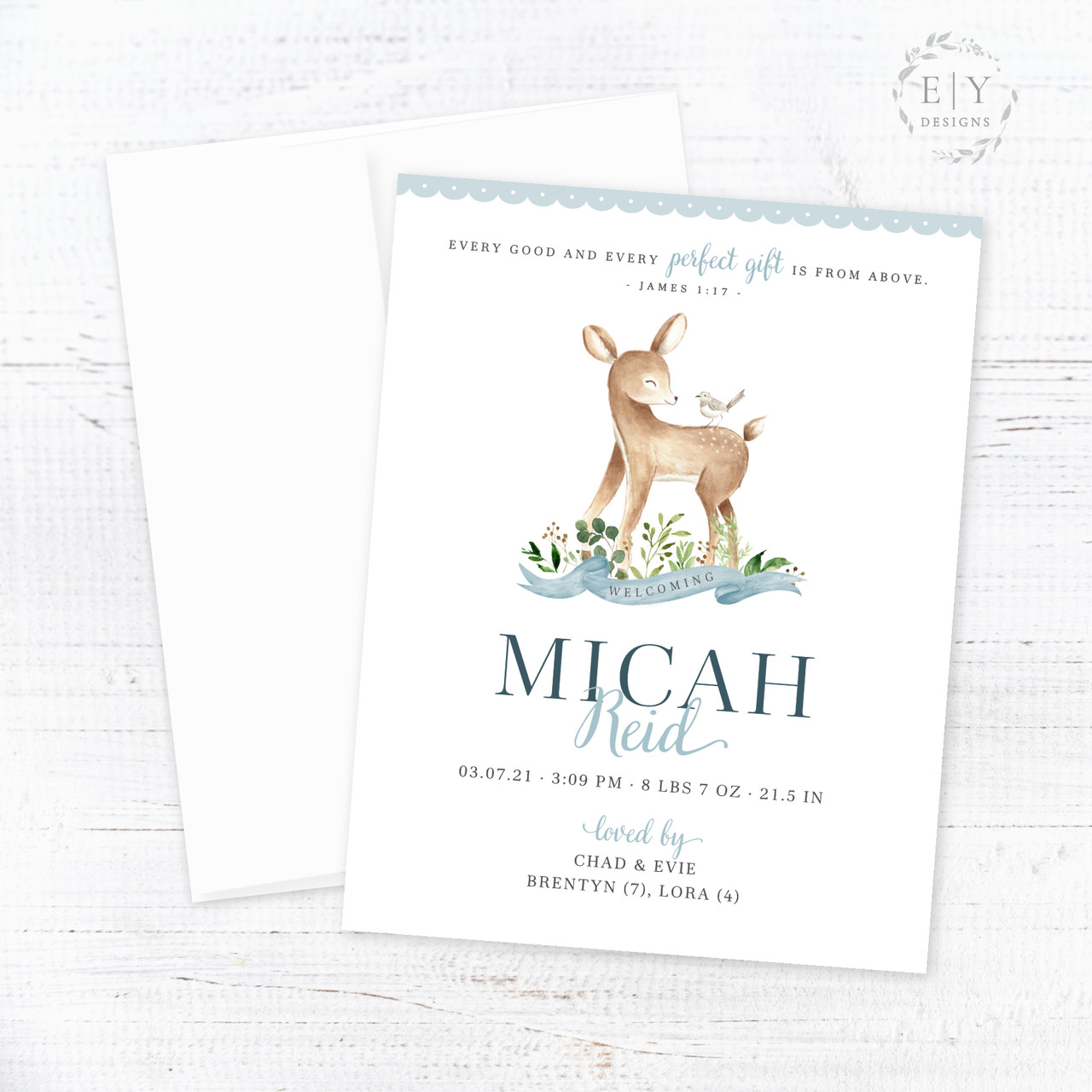 Deer and Bird Birth Announcement Especially Yours Designs
